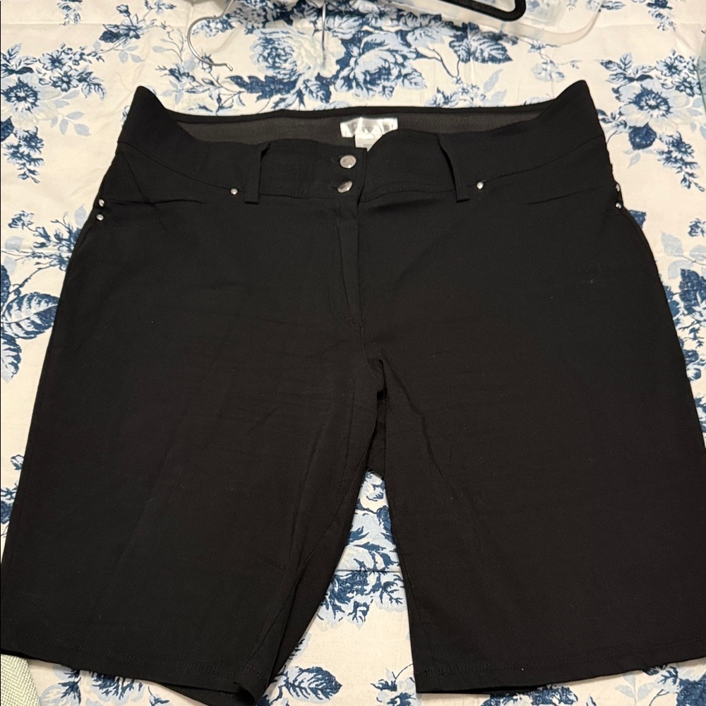 Women’s Black Stretch Bermuda Shorts - elastic waist zip up
